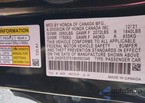 2022 Honda Civic Sport из США, поврежденный, VIN 2HGFE2F51NH560348